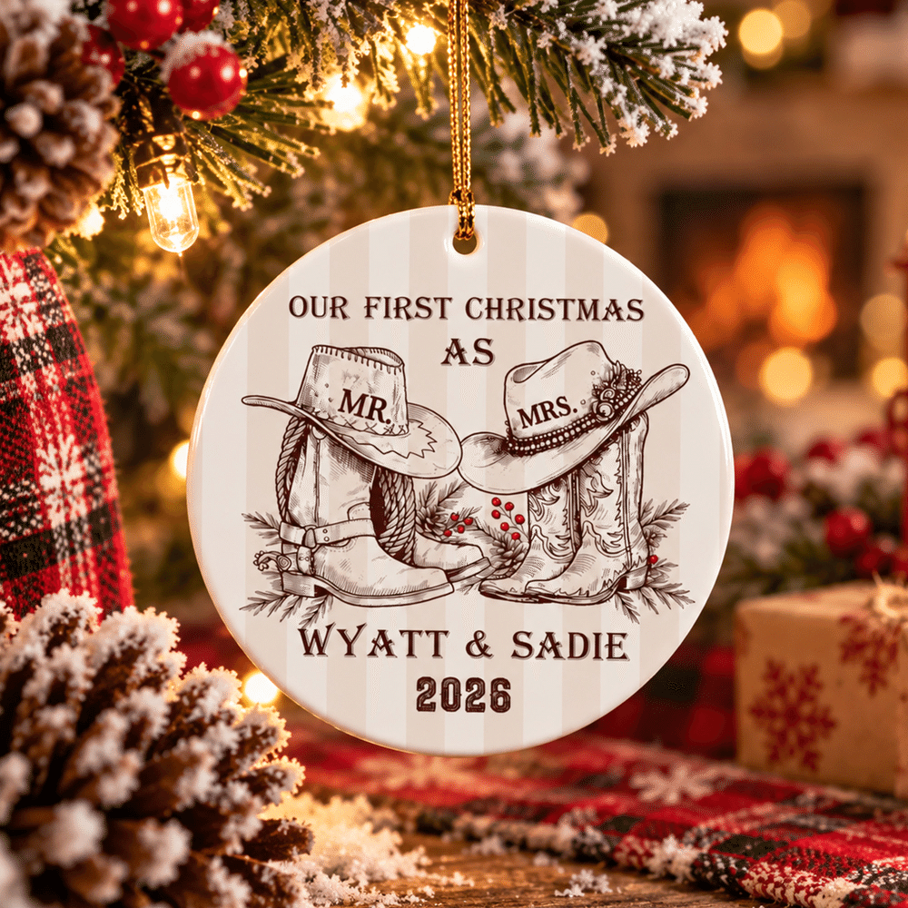 Personalized Our First Christmas Cowboy Boots Round Ceramic Ornament with Name Tree Decor Christmas Gift for Couple 2