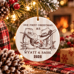 Personalized Our First Christmas Cowboy Boots Round Ceramic Ornament with Name Tree Decor Christmas Gift for Couple 2