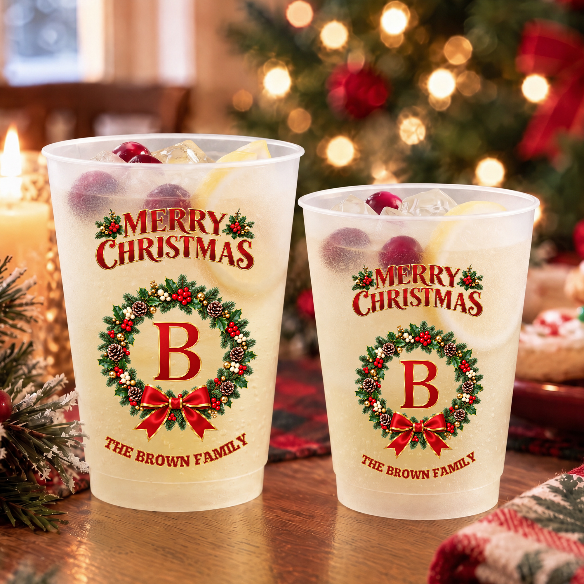 Personalized Christmas Wreath Design Plastic Cups with Initial and Text Set of 10 Family Gathering Christmas Party Gift for Family Friends