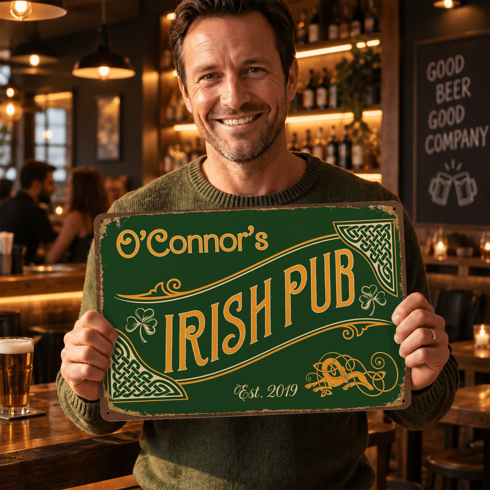 Personalised Vintage Shamrock Irish Pub Green Metal Sign with Name and Year Wall Decor Birthday Christmas Gift for Father Husband Drinker 7