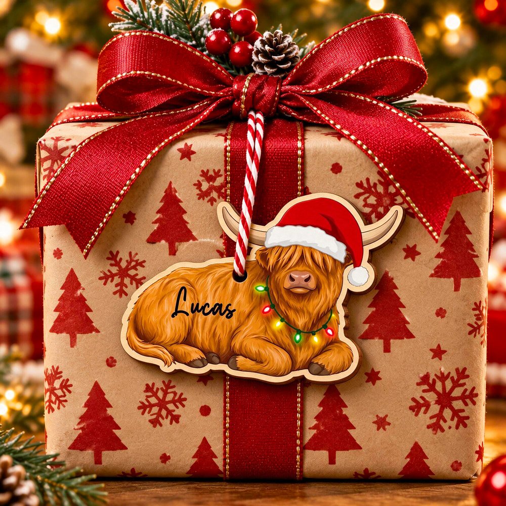 Personalized Christmas Hat Highland Cow Wooden Ornament with Name Home Decor Christmas Gift for Highland Cow Lovers Friends 4