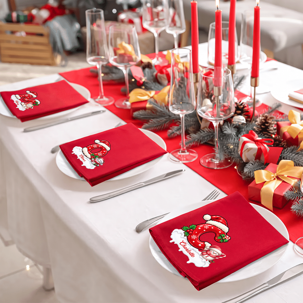 Personalized Snowman & Christmas Initial Cotton Red Christmas Napkin with Name Table Decor Christmas Gift for Family Friends 6