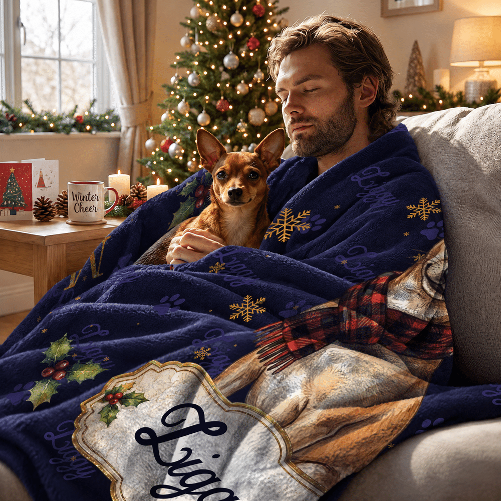 Personalized Merry Woofmas Red Plaid Scarf Pet Photo Warm Throw Blanket with Name Home Decor Christmas Gift for Pet Owner 5