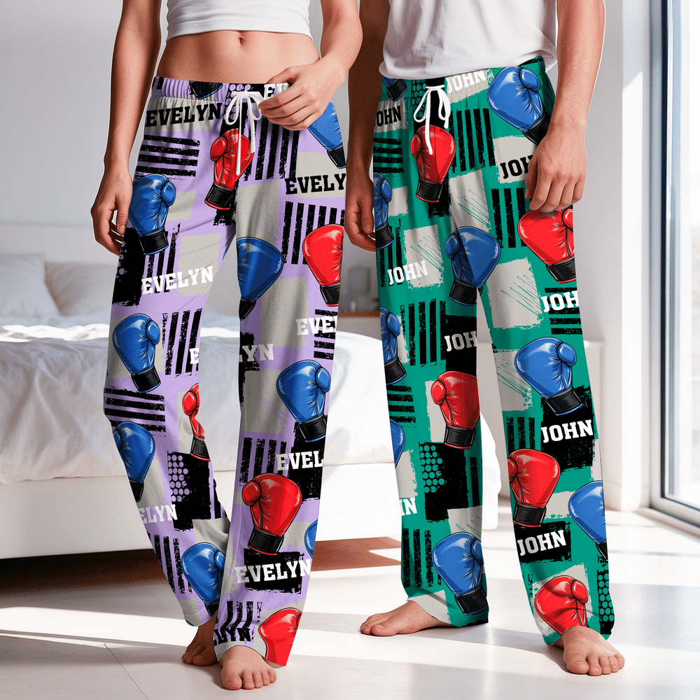 Personalized Multicolor Boxing Gloves Pattern Soft Pajama Pants with Name Daily Wear Christmas Gift for Family Friends Boxing Enthusiasts 4