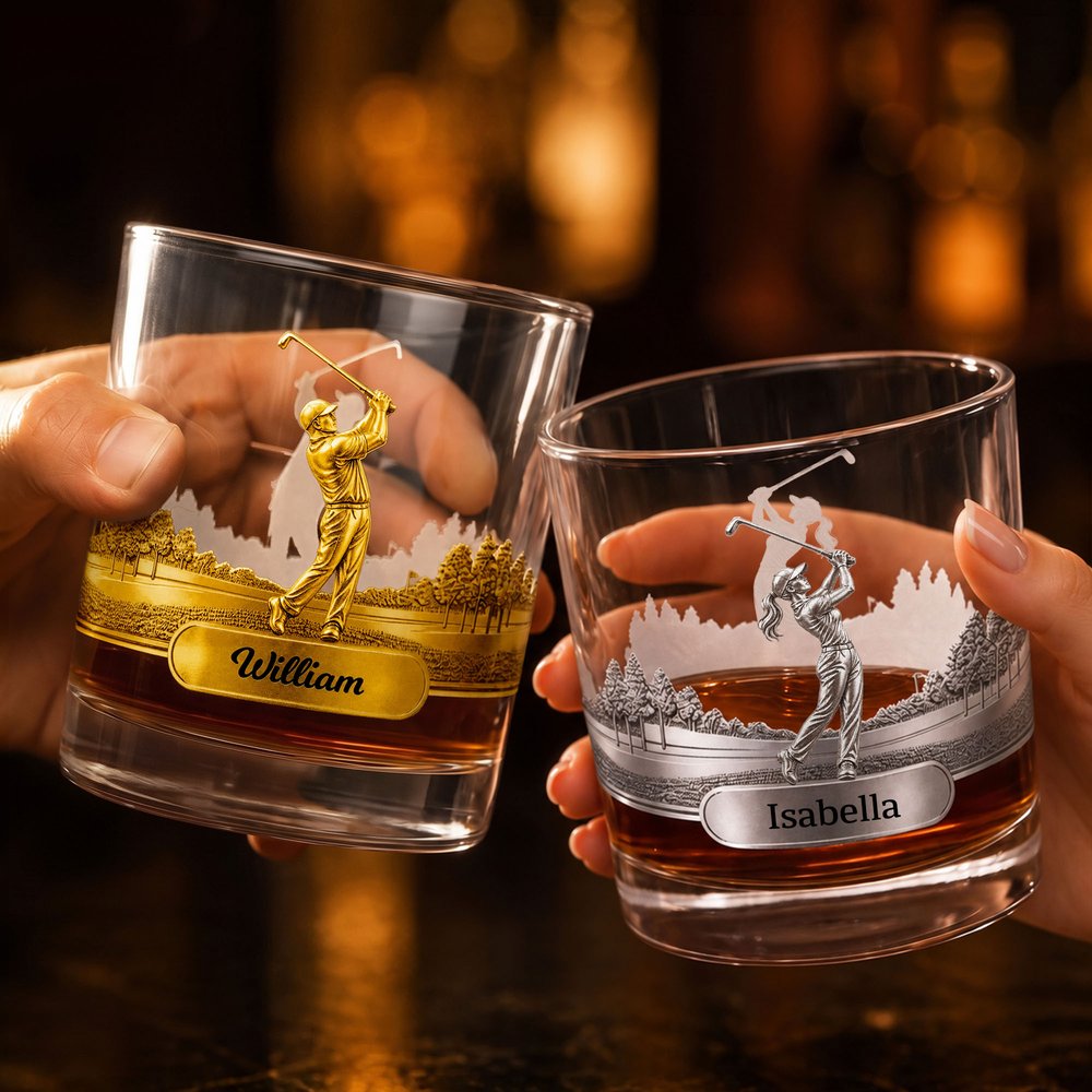 Personalised Golf Swing Character Name 10 oz Rock Old Fashioned Whisky Glass Game Day Birthday Gift for Golf Lovers 3