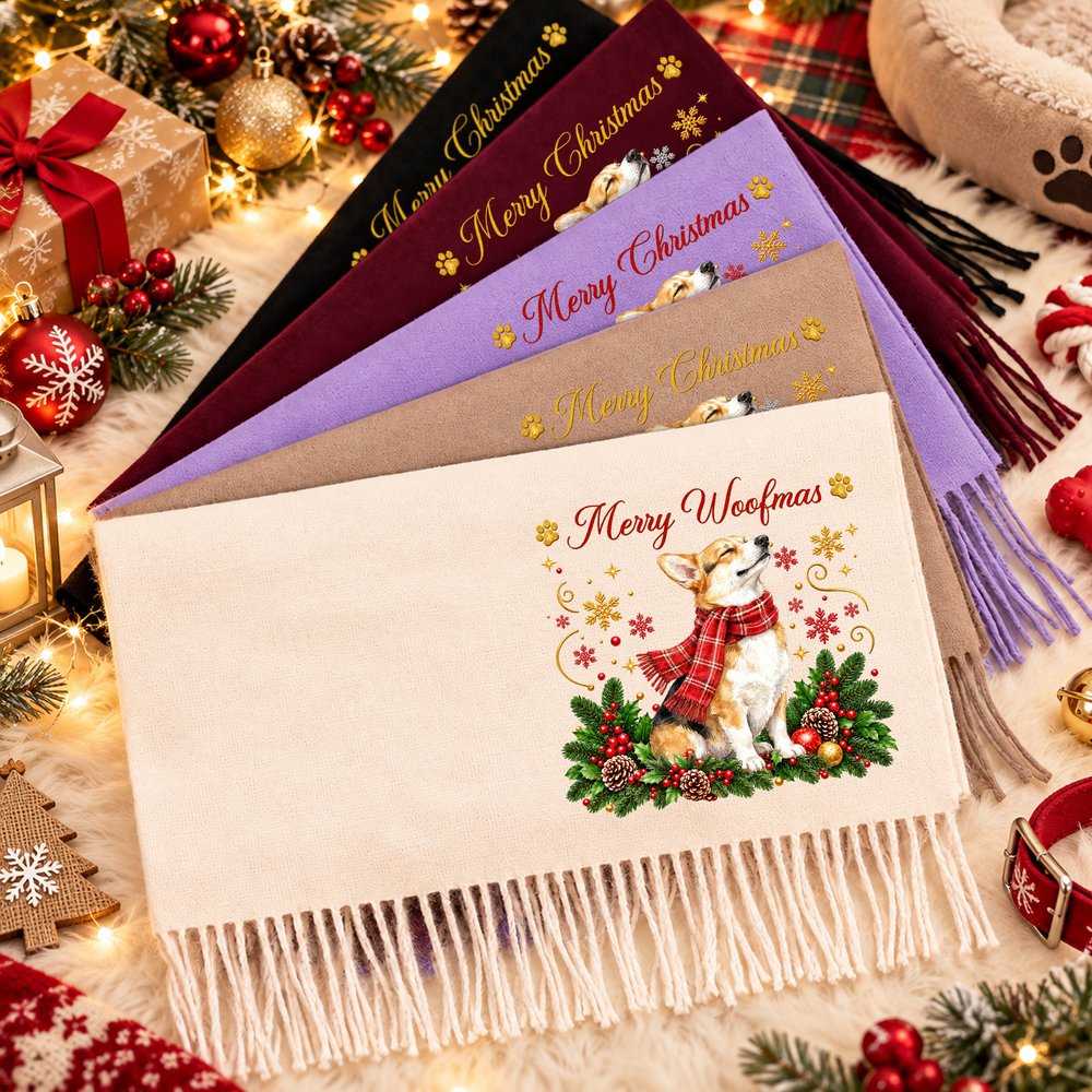 Personalized Christmas Theme Pet Photo Soft Warm Tassel Scarf Shawl with Title Winter Accessory Christmas Gift for Women Pet Owner 2