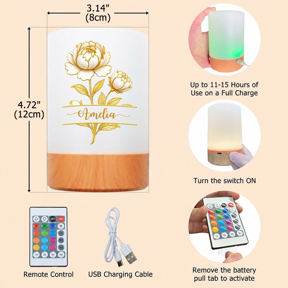 Personalised Gold-Edged Birth Flower Dimmable Touch LED Night Light with Name and Adjustable Colors Birthday Christmas Gift for Woman New Mum 11