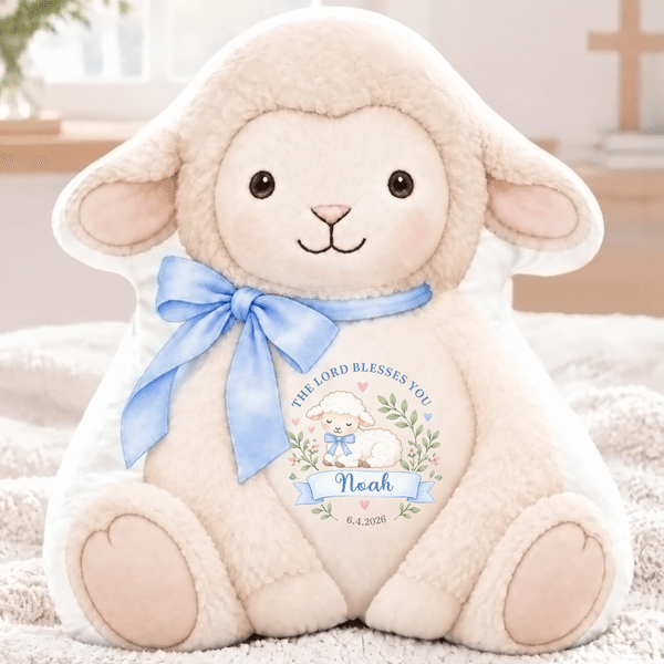 Personalized Bible Lamb Bow Soft Plush Pillow with Name Year and Date Christening Baby Shower Birthday Gift for New Babies New Parents