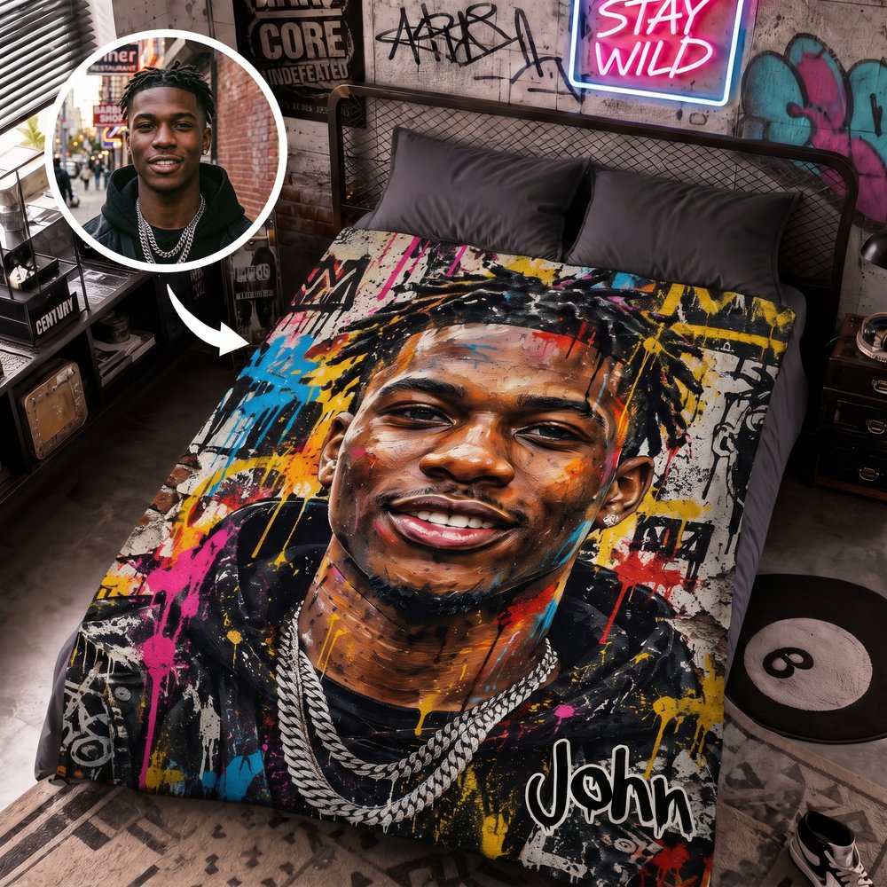 Personalized Street Graffiti Ink Splattered Art Style Photo Soft Throw Blanket with Name Birthday Christmas Gift for Family Friends 4