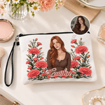 Personalized Birth Flower Portrait Linen Makeup Bag with Name Travel Accessory  Birthday Christmas Gift for Women Friends 1