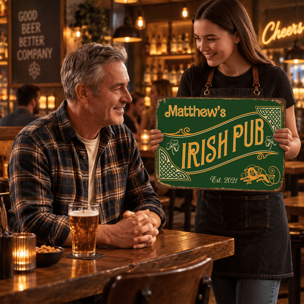 Personalised Vintage Shamrock Irish Pub Green Metal Sign with Name and Year Wall Decor Birthday Christmas Gift for Father Husband Drinker 6