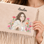 Personalised Watercolor Photo Birth Flower Soft Warm Tassel Scarf with Name Winter Accessory Birthday Christmas Gift for Family Friends Women 7