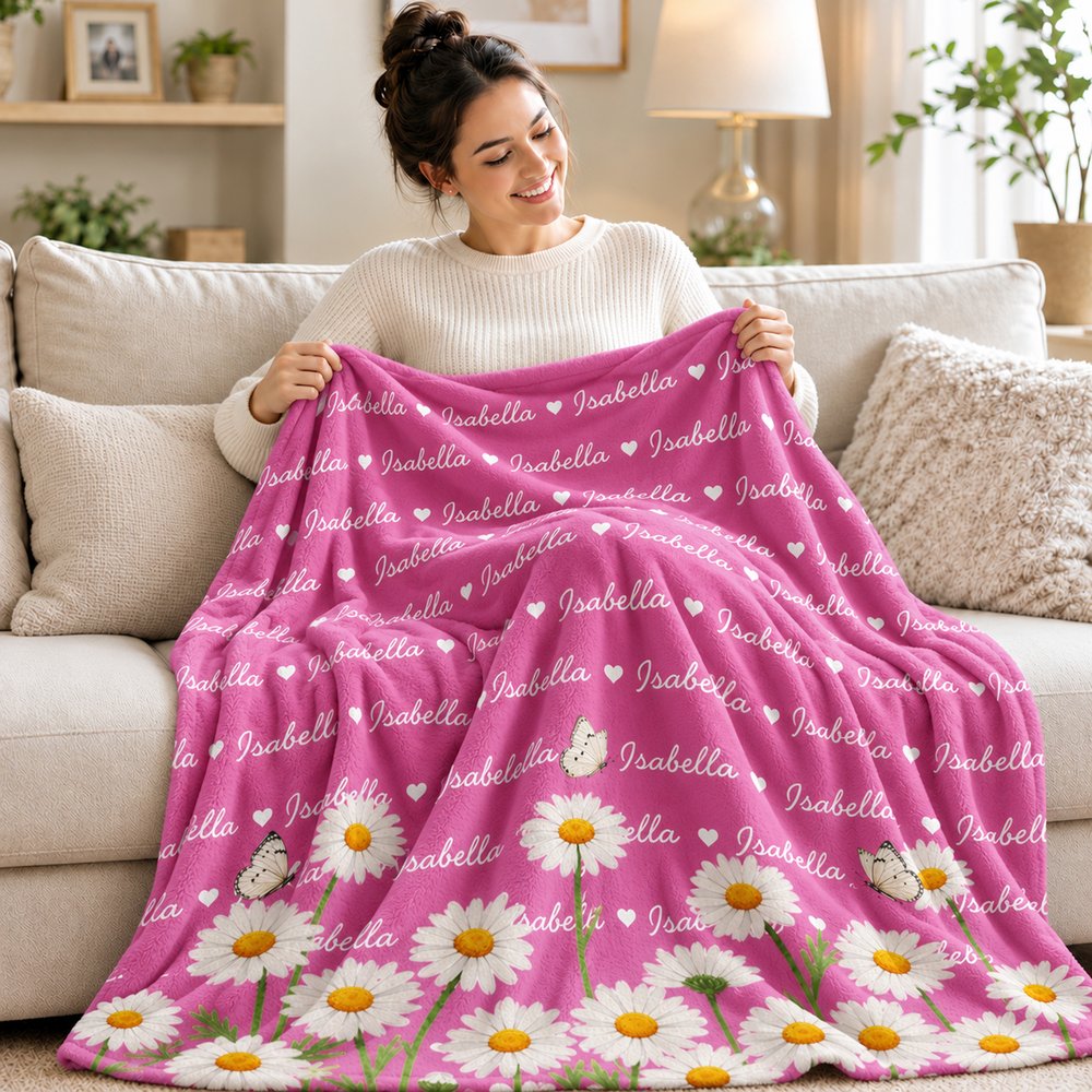 Individuell gestaltete Wortwolke mit Geburtsblume – weiche Kuscheldecke mit Namen – Wohnaccessoire – Weihnachts- und Geburtstagsgeschenk für Familie und Freunde 3