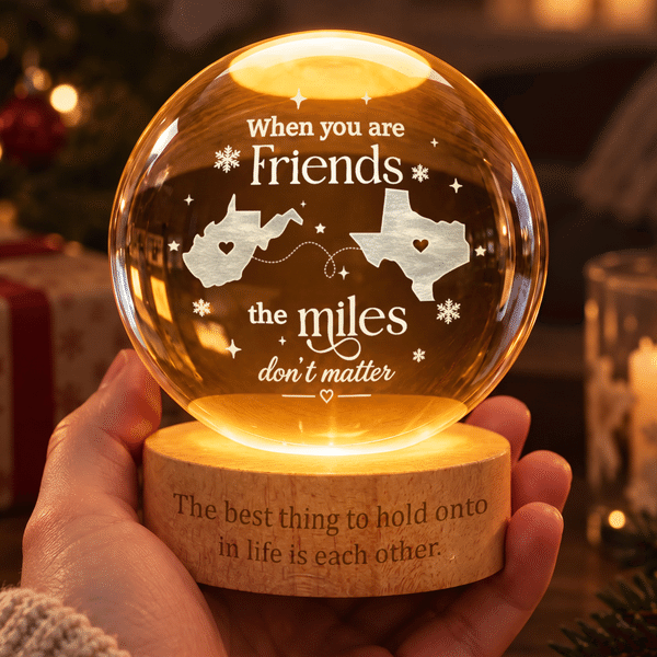 Personalized State Map Round Crystal Ball LED Night Light with Text Date and Wooden Base Memorial Bedroom Gift for Family Friend