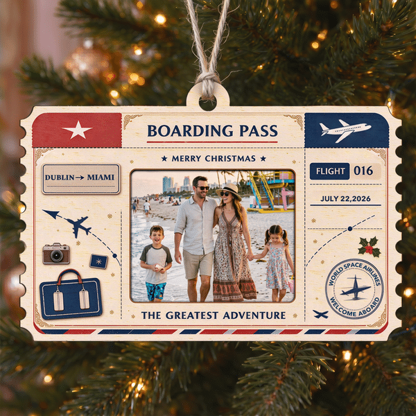 Personalised Vintage Travel-Style Boarding Pass Ornament with Photo and Date Tree Decor Christmas Gift for Family Friend