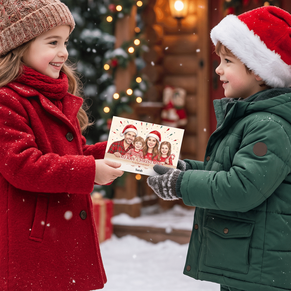Personalized Merry Christmas Hand-Drawn Style Character Photo Greeting Card with Text Christmas Gift for Friends Family 5