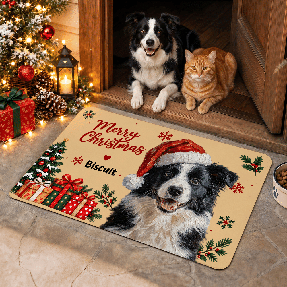 Personalised Christmas Oil Painting Style Cartoon Pet Photo Non-Slip Doormat with Name Christmas Holiday Party Gift for Pet Owners 5