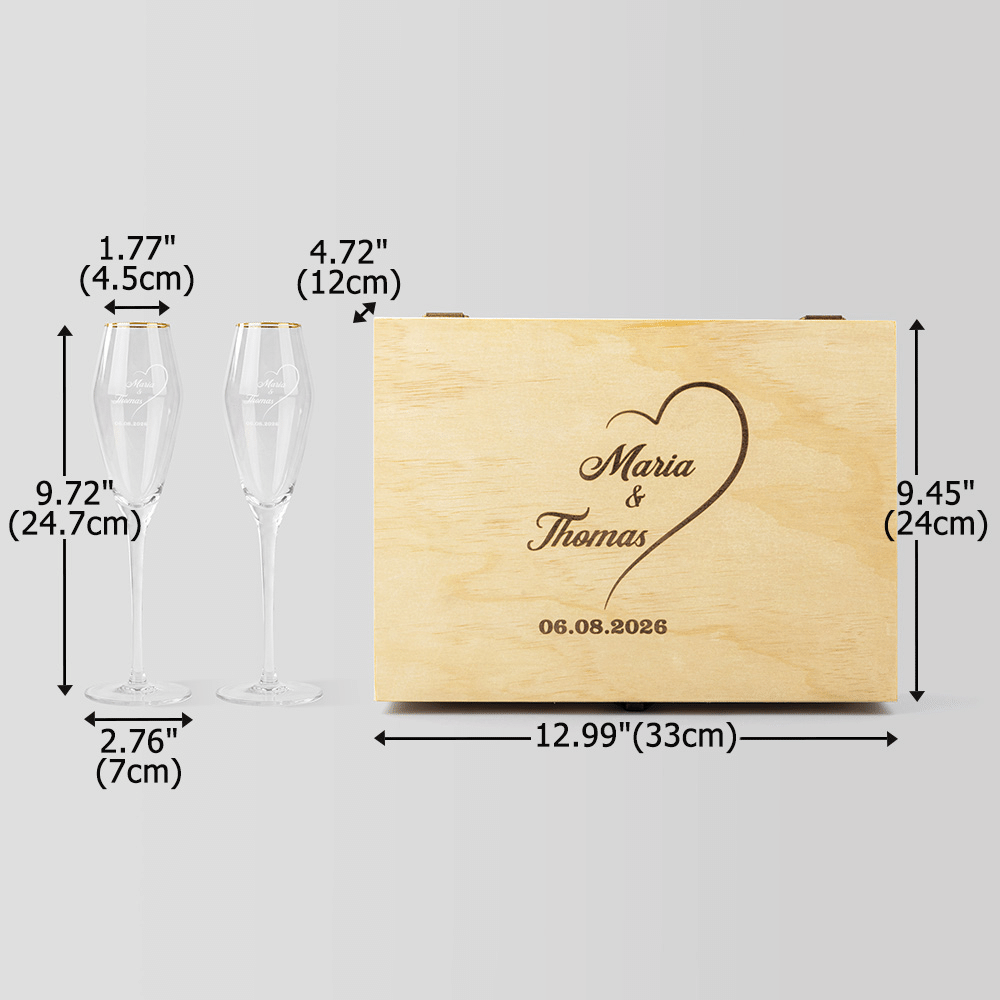 Personalized Elegant Gold Rim Set of 2 Champagne Flutes Wooden Keepsake Box with Engraved Names and Date Wedding Gift for Newlyweds 8