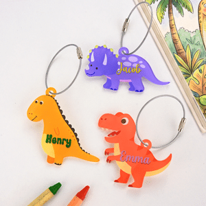 Personalised Multicolour Cartoon Dinosaur Acrylic Keychain with Name and Wire Rope Christmas Birthday Gift for Kids Dinosaur Enthusiasts