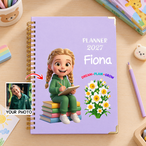 Personalized 3D-Effect Artwork Birth Flower Cartoon Character Photo 2027 Planner A5 Notebook with Name Birthday Office Gift for Students Art Workers