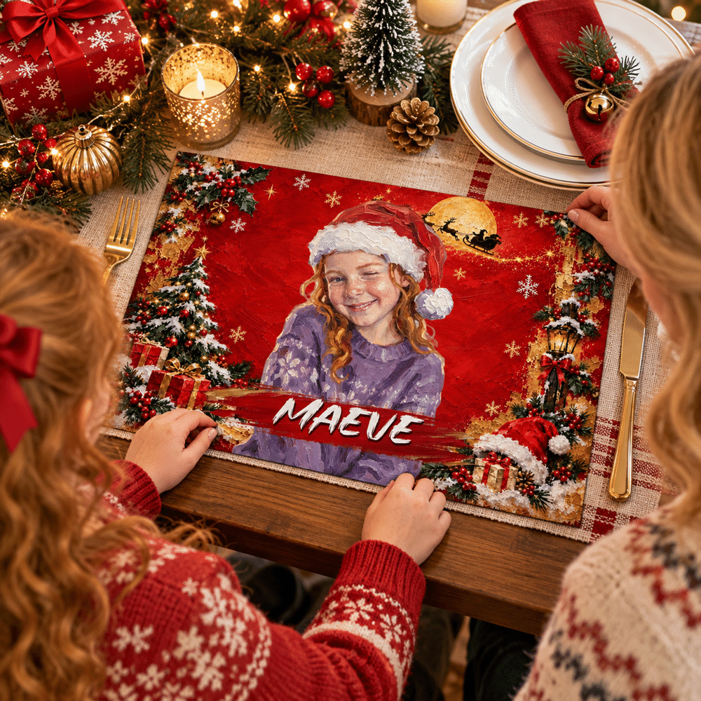 Personalized Christmas Theme Oil Painting Style Character Photo Placemat with Name Kitchen Dining Decor Christmas Gift for Friends Family 3
