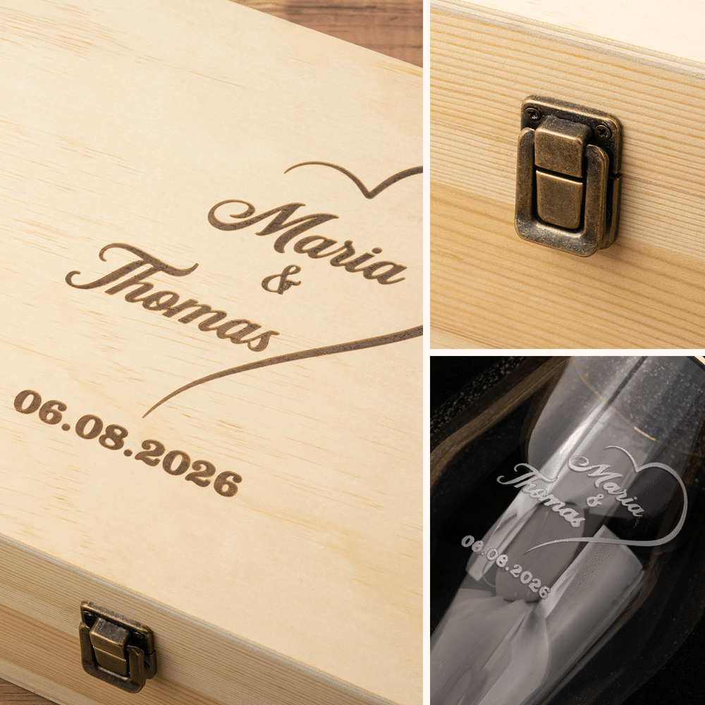 Personalized Elegant Gold Rim Set of 2 Champagne Flutes Wooden Keepsake Box with Engraved Names and Date Wedding Gift for Newlyweds 5