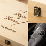 Personalized Elegant Gold Rim Set of 2 Champagne Flutes Wooden Keepsake Box with Engraved Names and Date Wedding Gift for Newlyweds 5