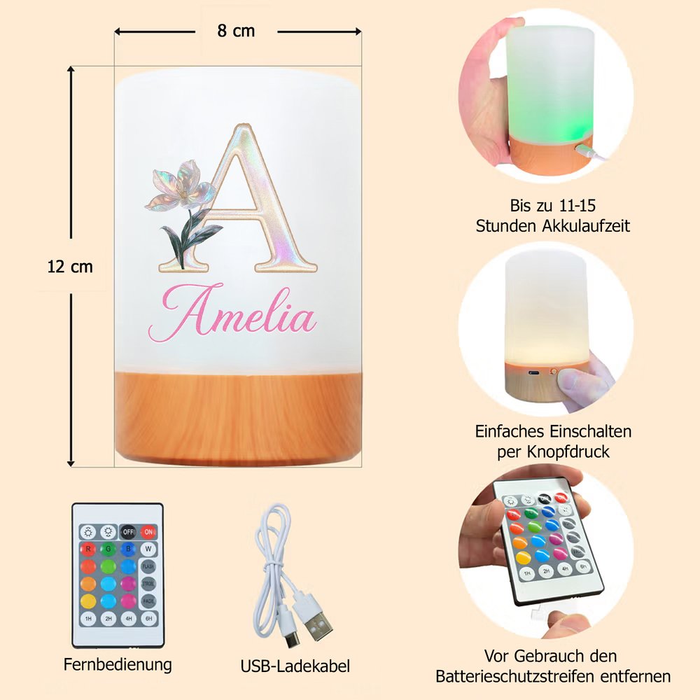Personalisiertes dimmbares Nachtlicht mit Initiale Geburtsblume | Touch & Fernbedienung | wiederaufladbar | Geburtstag Geschenk für Familie Freunde 10