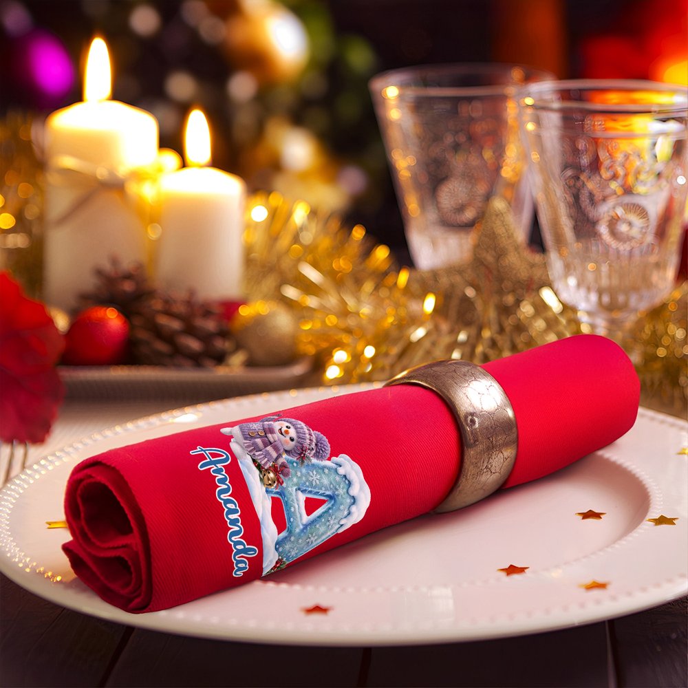 Personalized 3D-Effect Art Cute Yarn Snowman Initial 100% Cotton Red Napkin with Name Table Decor Christmas Gift for Family Friends 6