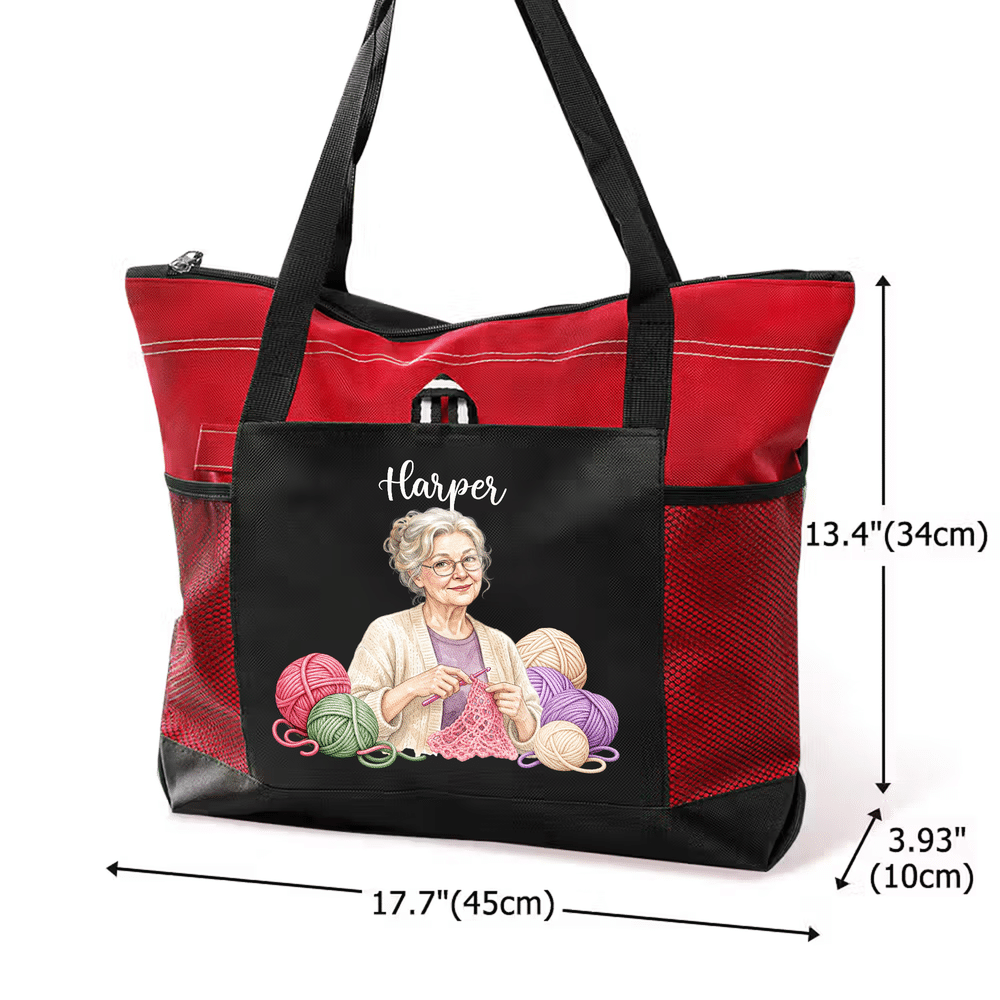 Personalised Crochet Lover Photo Large Capacity Tote Bag with Name and Mesh Pockets Birthday Christmas Gift for Knitting Crochet Lover 9