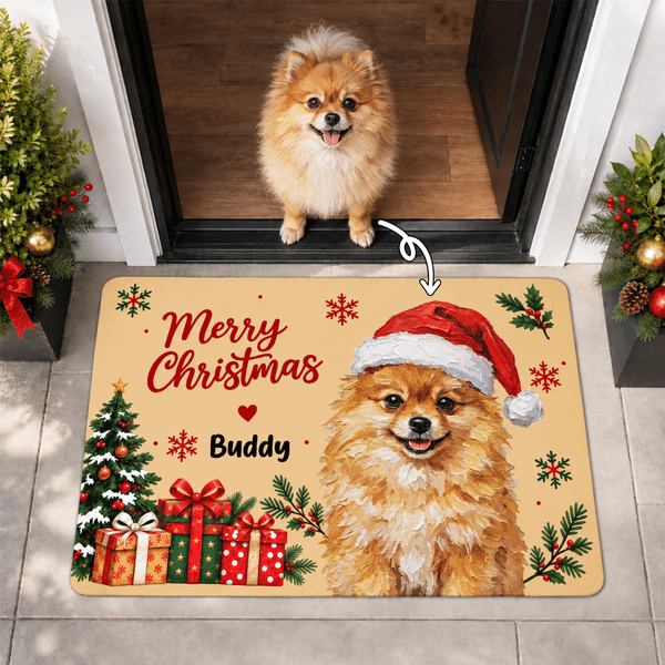 Personalised Christmas Oil Painting Style Cartoon Pet Photo Non-Slip Doormat with Name Christmas Holiday Party Gift for Pet Owners