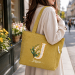 Sac fourre-tout en velours côtelé personnalisé avec initiale nacrée et fleur de naissance, avec prénom : cadeau d'anniversaire ou de Noël pour un usage quotidien, destiné à la famille, aux amis et aux femmes 5