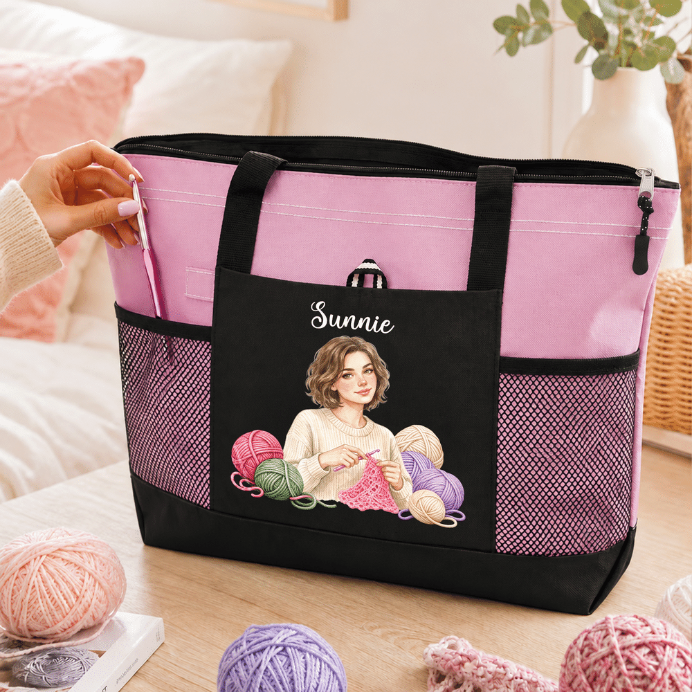 Personalised Crochet Lover Photo Large Capacity Tote Bag with Name and Mesh Pockets Birthday Christmas Gift for Knitting Crochet Lover 2