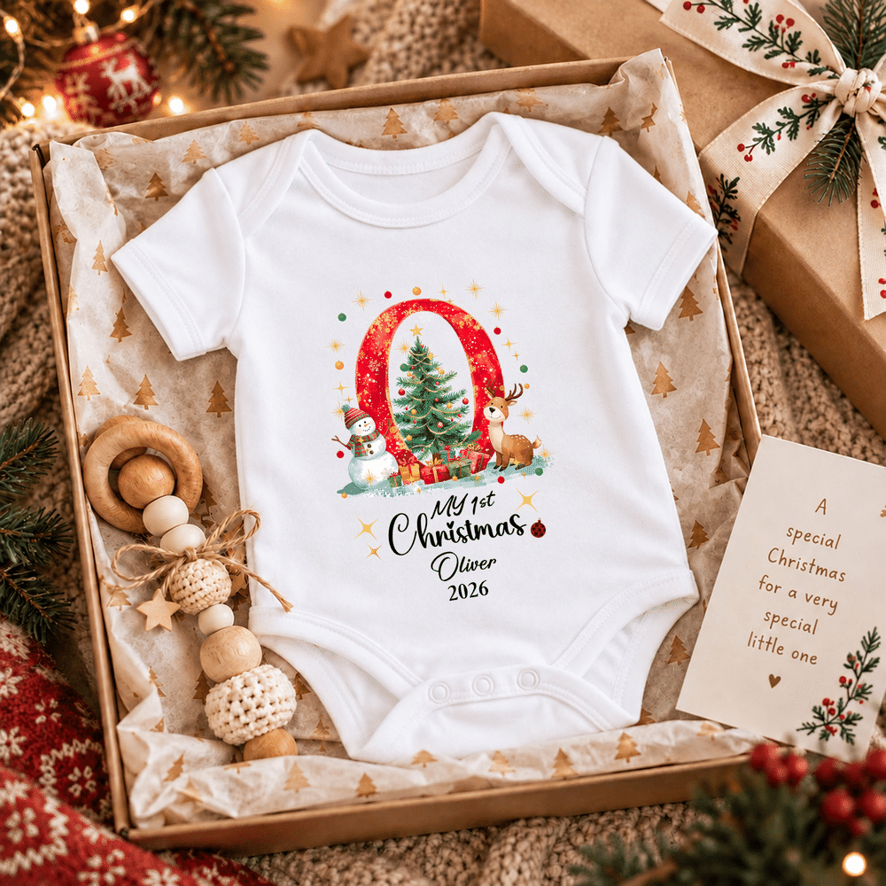 Personalized Reindeer Snowman 100% Cotton Bodysuit Baby Romper Bib Set with Name and Year Baby First Christmas Announcement Birthday Gift for Baby 5