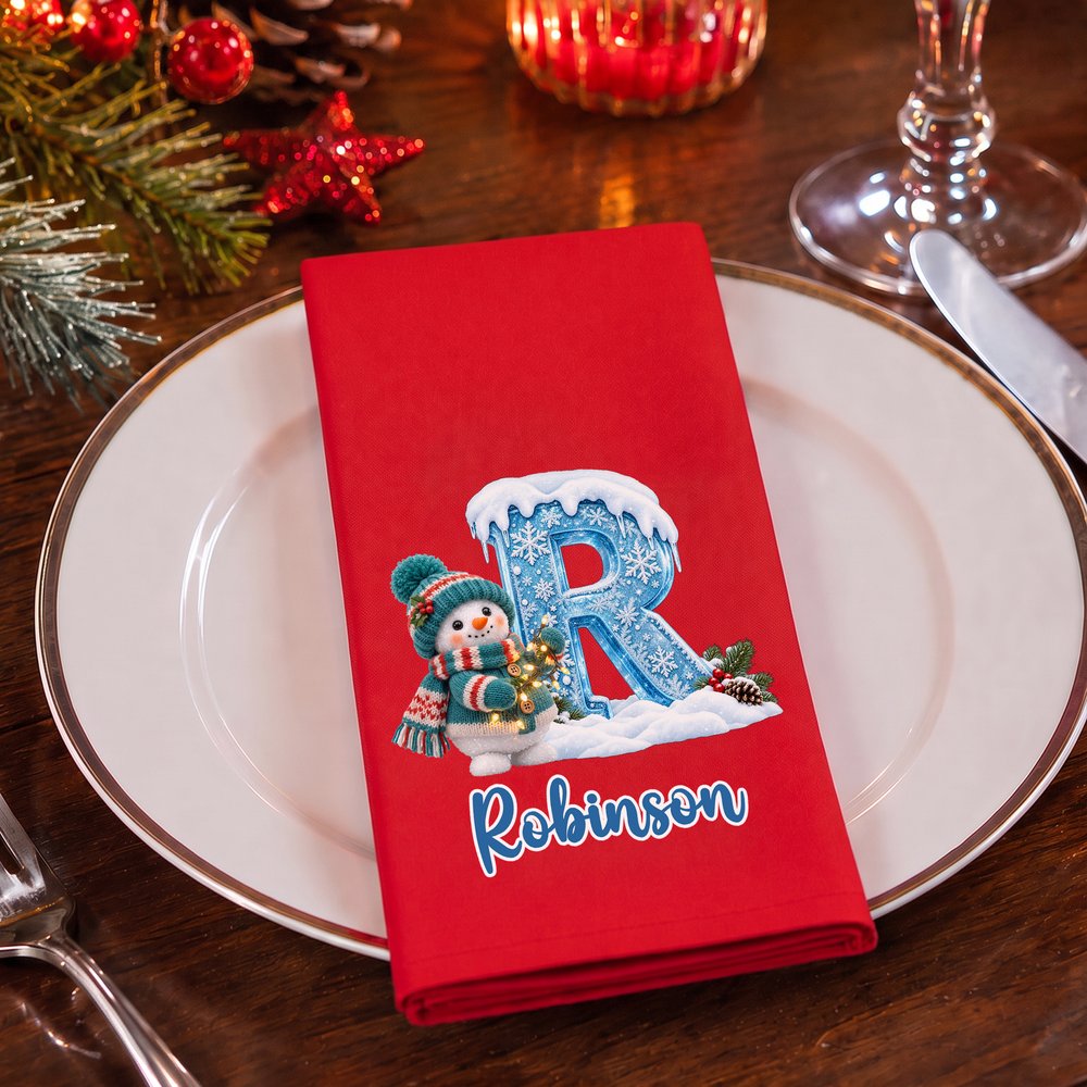 Personalized 3D-Effect Art Cute Yarn Snowman Initial 100% Cotton Red Napkin with Name Table Decor Christmas Gift for Family Friends 2