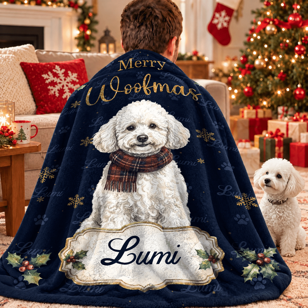 Personalized Merry Woofmas Red Plaid Scarf Pet Photo Warm Throw Blanket with Name Home Decor Christmas Gift for Pet Owner 7
