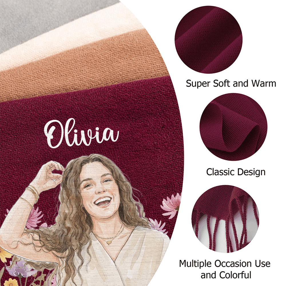 Personalised Watercolor Photo Birth Flower Soft Warm Tassel Scarf with Name Winter Accessory Birthday Christmas Gift for Family Friends Women 8
