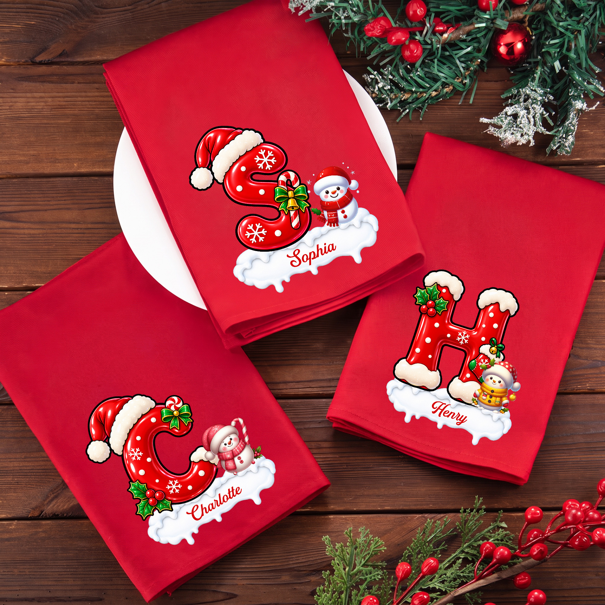 Callie Personalisierte rote Weihnachtsserviette aus Baumwolle mit Schneemann- unisex