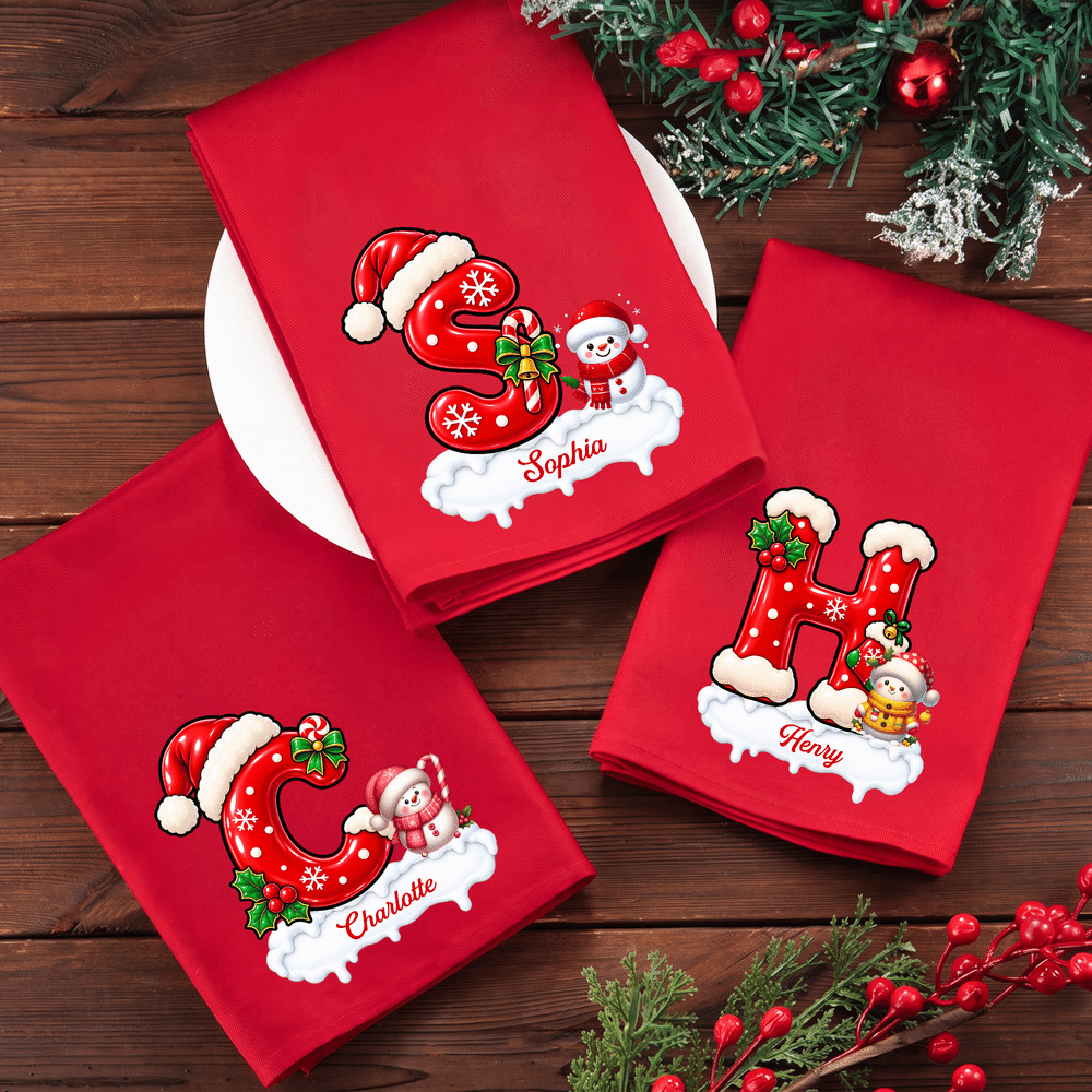 Personalized Snowman & Christmas Initial Cotton Red Christmas Napkin with Name Table Decor Christmas Gift for Family Friends 1
