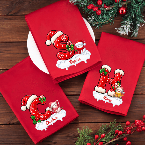 Personalized Snowman & Christmas Initial Cotton Red Christmas Napkin with Name Table Decor Christmas Gift for Family Friends