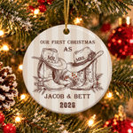 Personalized Our First Christmas Cowboy Boots Round Ceramic Ornament with Name Tree Decor Christmas Gift for Couple 1