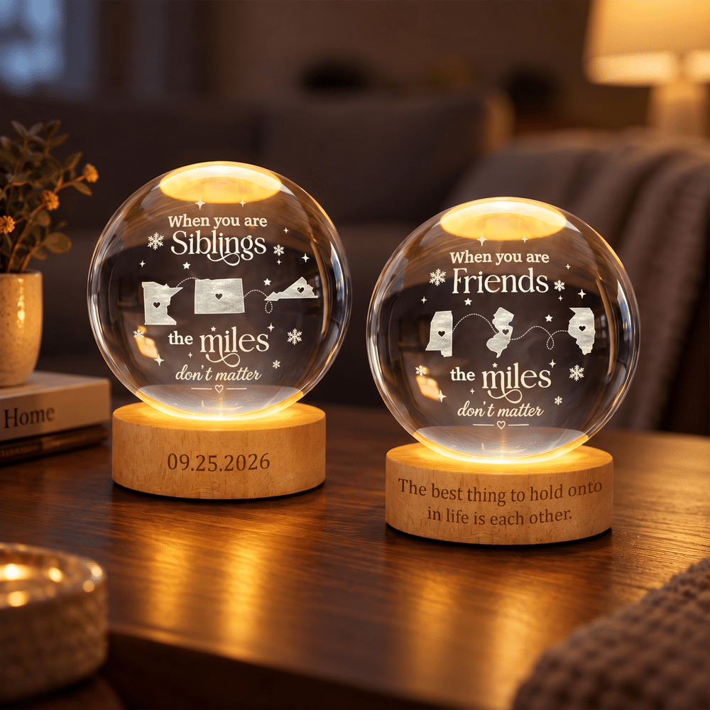 Personalized State Map Round Crystal Ball LED Night Light with Text Date and Wooden Base Memorial Bedroom Gift for Family Friend 3