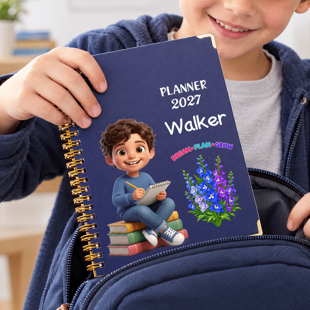 Personalized 3D-Effect Artwork Birth Flower Cartoon Character Photo 2027 Planner A5 Notebook with Name Birthday Office Gift for Students Art Workers 6