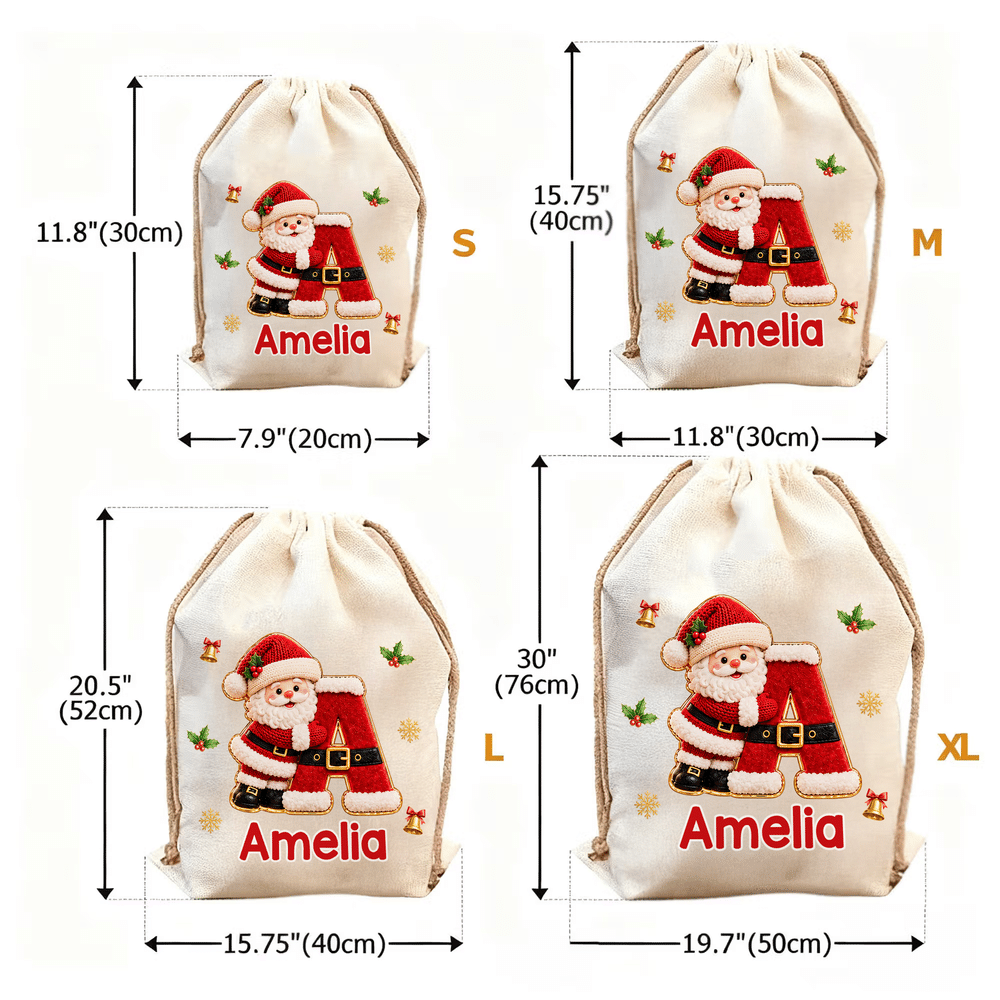 Personalized 3D-Style Artwork Christmas Theme Initial Large Canvas Drawstring Gift Bag with Name Christmas Party Holiday Gift for Kid Family 8
