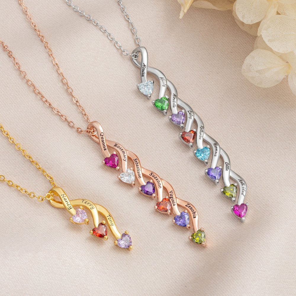 Personalized Minimalist Family 2-8 Heart Shaped Birthstones Necklace with Engraved Names Mother's Day Birthday Gift for Women Mom 3