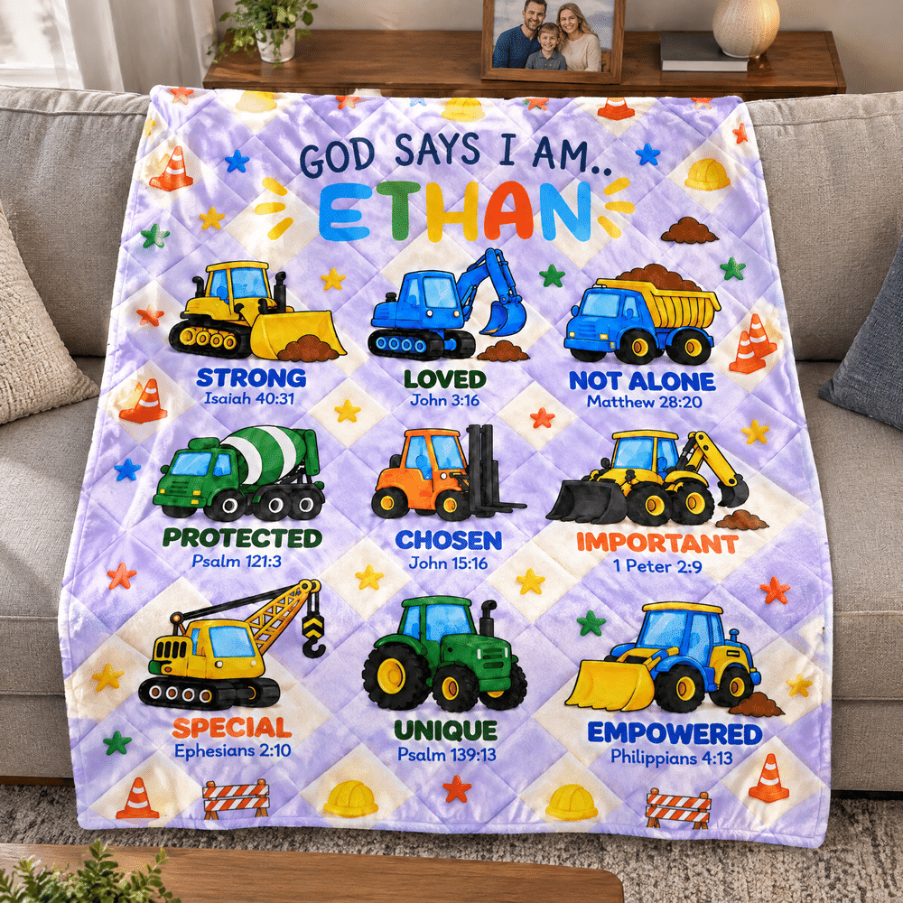 Personalised Multicolour Construction Vehicle & Bible Verse Soft Throw Blanket with Name Home Decor Christmas Gift for Kid Lorry Lover Christian 7