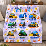 Personalised Multicolour Construction Vehicle & Bible Verse Soft Throw Blanket with Name Home Decor Christmas Gift for Kid Lorry Lover Christian 7