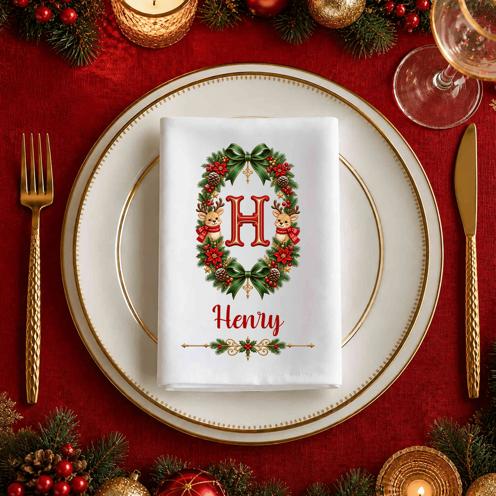Personalized Large Christmas Wreath Initial 100% Cotton Christmas Table Napkin with Name Table Decoration Christmas Gift for Family Friend 1