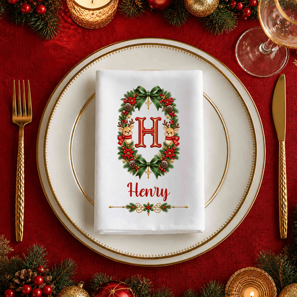 Personalized Large Christmas Wreath Initial 100% Cotton Christmas Table Napkin with Name Table Decoration Christmas Gift for Family Friend