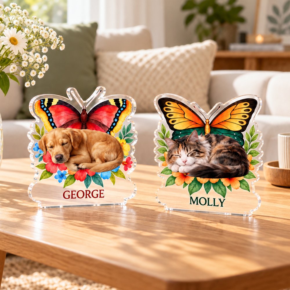 Personalized Birth Butterfly Floral Sleep Pet Photo Acrylic Ornament with Name Loss of Pet Sympathy Memorial Gift for Pet Owners 3